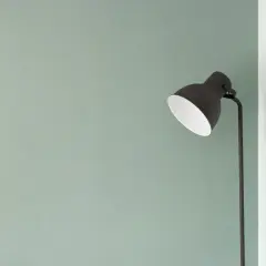 Lampada nera su sfondo verde pastello, un'immagine minimalista che evoca tranquillità e semplicità.