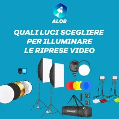 Attrezzatura per illuminazione video: softbox, ring light, pannelli LED, diffusori e filtri colorati. Comprendere la luminanza significato è fondamentale per ogni ripresa.