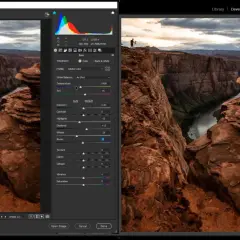 Confronto tra camera raw e Lightroom: editing di un paesaggio con slider per temperatura, esposizione e texture.