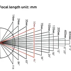 Diagramma che illustra come la lunghezza focale (in mm) influenzi l'angolo di campo.
