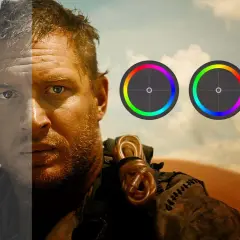 Volto diviso: a sinistra grigio, a destra caldo e vibrante. Tre cerchi colorati indicano la color grading fotografia.