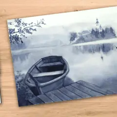 Acquerello di un lago nebbioso con un'isola e una barca, un'opera che crea immagini che cambiano a seconda della prospettiva.