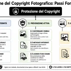 Schema sulla protezione del copyright fotografico: prova di paternità (con dati EXIF), prevenzione attiva e monitoraggio.