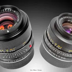 Due obiettivi Leitz Leica Summicron-R e Elmarit-R, con dettagli delle ghiere di messa a fuoco e diaframma.
