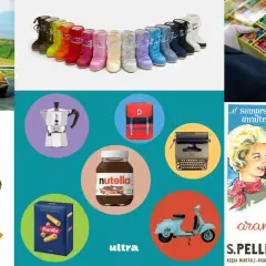 Un collage di foto iconiche italiane: Fiat 500, stivali colorati, moka, Nutella, Vespa, macchine da scrivere, figurine, pasta Barilla e S.Pellegrino.