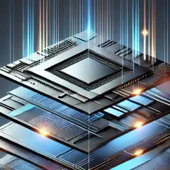 Strati di un sensore BSI, con linee luminose che attraversano la struttura, simboleggiando il flusso di dati e l'innovazione tecnologica.