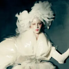 Volto pallido e capelli voluminosi in stile paolo roversi photography, con un abito bianco e trasparente.