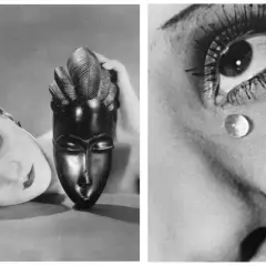 Due immagini in stile solarizzazione man ray: una donna con maschera africana, l'altra un occhio con gocce.