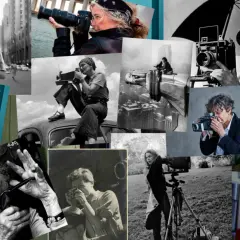 Collage di fotografe donne famose con macchine fotografiche d'epoca e moderne.