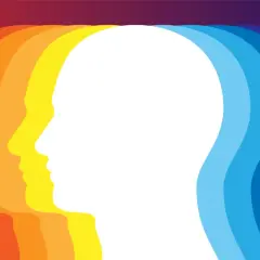 Sagome di profili umani in sequenza, dal rosso al blu, suggeriscono un'evoluzione o un cambiamento. I colori desaturati significato in questo contesto potrebbero rappresentare un percorso interiore.