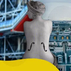 La schiena di una figura stilizzata, con le curve di un violino di Ingres, si staglia su uno sfondo parigino.
