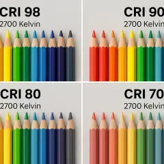 Confronto del colore luce led con matite colorate a 2700 Kelvin, mostrando come il CRI influenzi la resa cromatica.