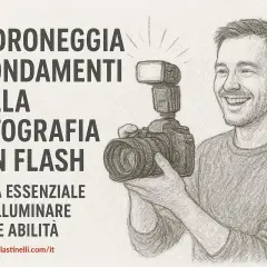Guida essenziale per imparare come usare il flash in manuale. Un fotografo sorridente tiene una fotocamera con flash.