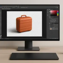 Schermo con Photoshop aperto, valigia arancione su sfondo trasparente. Si sta per rimuovere sfondo immagine Photoshop.