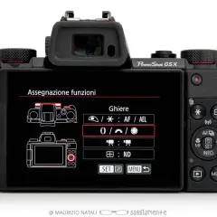 Retro della Canon PowerShot G5X con menu "Assegnazione funzioni" attivo, che mostra le opzioni per le ghiere.
