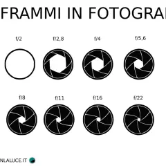 Diagramma che mostra come il diaframma chiuso cambia forma, da f/2 a f/22, illustrando le diverse aperture in fotografia.