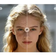 Split image of a young woman's face. Left side shows freckles, right side is smooth.