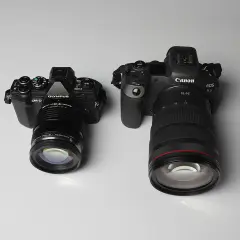 Due fotocamere, una Olympus OM-D in formato micro quattro terzi e una Canon EOS R5, affiancate su sfondo chiaro.