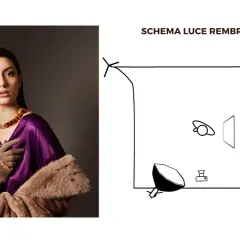 Schema luce Rembrandt: donna con pelliccia e abito viola, illuminata con un'unica fonte di luce laterale per creare un'ombra caratteristica sul viso.