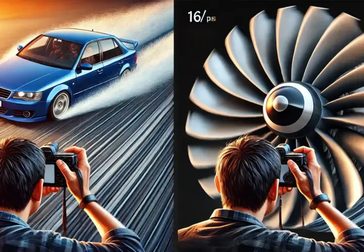 Fotografo cattura una blu Audi in derapata e un motore a reazione in movimento, mostrando l'effetto rolling shutter.