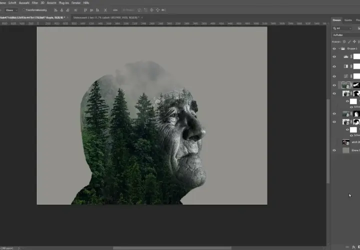 Volto anziano sovrapposto a una foresta di pini, effetto creato con lo strumento contagocce in Photoshop.