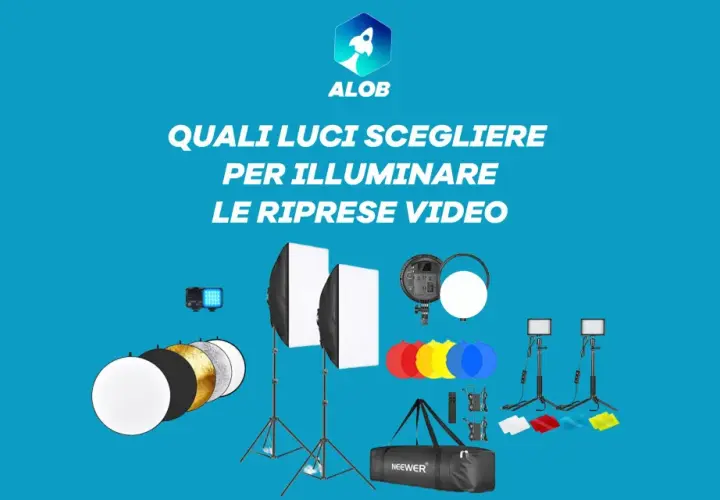 Attrezzatura per illuminazione video: softbox, ring light, pannelli LED, diffusori e filtri colorati. Comprendere la luminanza significato è fondamentale per ogni ripresa.
