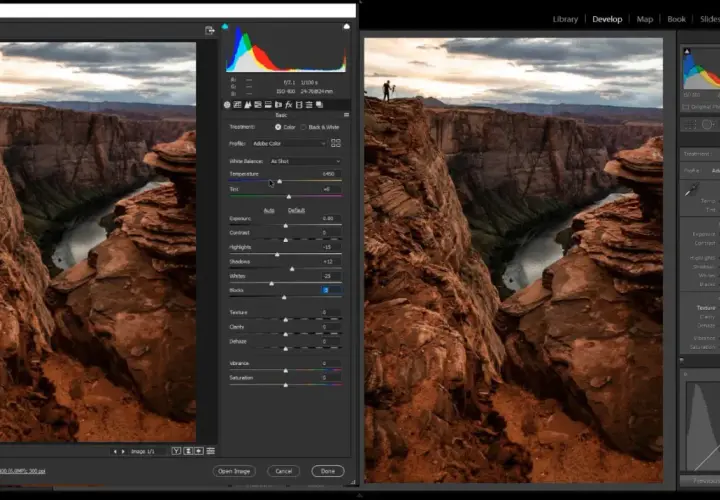 Confronto tra camera raw e Lightroom: editing di un paesaggio con slider per temperatura, esposizione e texture.