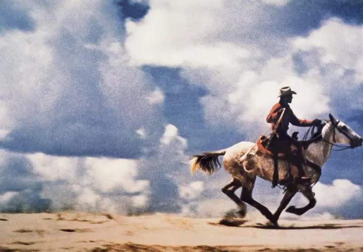 Un cowboy galoppa su un cavallo bianco sotto un cielo nuvoloso. Questa è la foto più costosa al mondo.