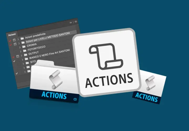 Pannello Azioni di Photoshop con diverse opzioni, tra cui "Azioni per LIVELLI METODO SANTONI", per automatizzare i comandi.