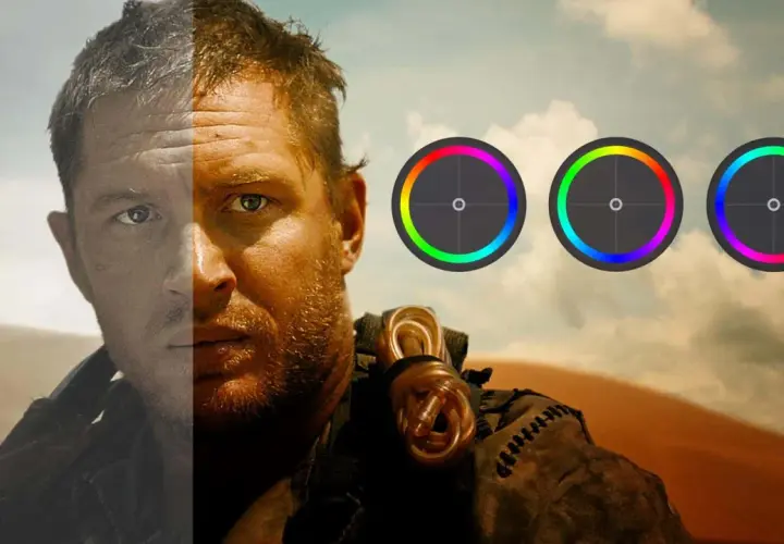 Volto diviso: a sinistra grigio, a destra caldo e vibrante. Tre cerchi colorati indicano la color grading fotografia.