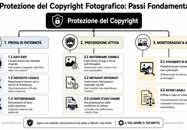 Schema sulla protezione del copyright fotografico: prova di paternità (con dati EXIF), prevenzione attiva e monitoraggio.