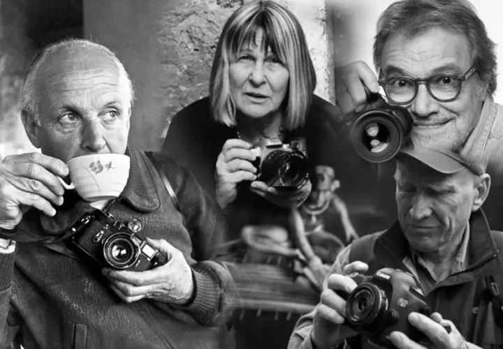 Un collage di volti di fotografi, tra cui un noto fotografo italiano, con macchine fotografiche in mano.