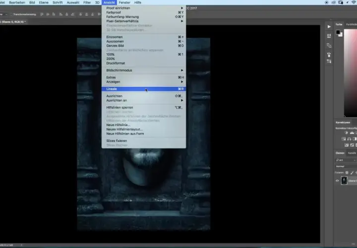 Menu "Visualizza" in Photoshop CC, con "Lineale" evidenziato, pronto per creare un progetto in formato a4 photoshop.