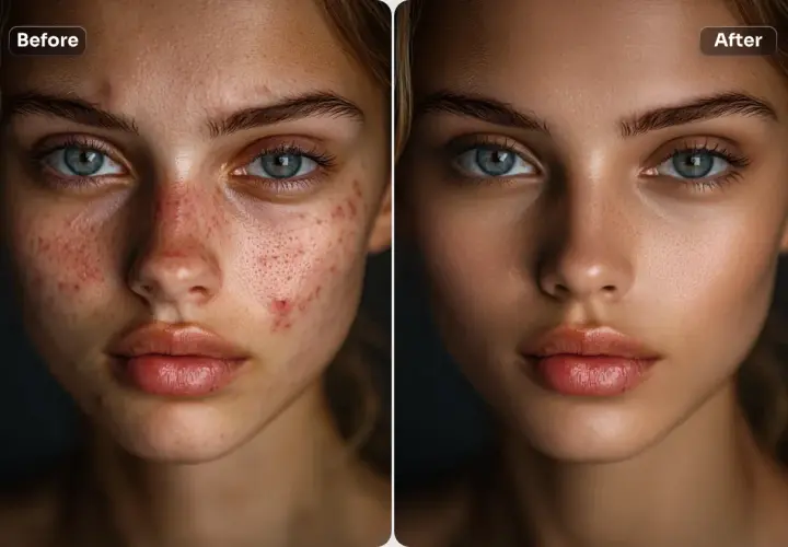 Prima e dopo: un ritocco per eliminare imperfezioni foto, rendendo la pelle liscia e luminosa.