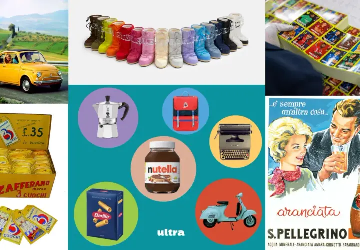Un collage di foto iconiche italiane: Fiat 500, stivali colorati, moka, Nutella, Vespa, macchine da scrivere, figurine, pasta Barilla e S.Pellegrino.