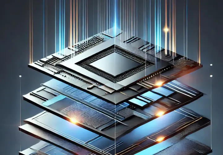 Strati di un sensore BSI, con linee luminose che attraversano la struttura, simboleggiando il flusso di dati e l'innovazione tecnologica.