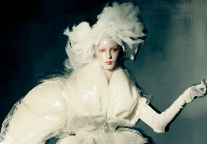 Volto pallido e capelli voluminosi in stile paolo roversi photography, con un abito bianco e trasparente.