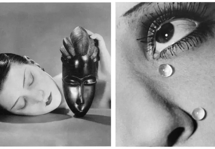 Due immagini in stile solarizzazione man ray: una donna con maschera africana, l'altra un occhio con gocce.