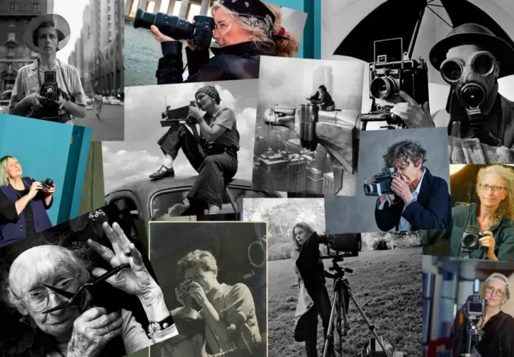 Collage di fotografe donne famose con macchine fotografiche d'epoca e moderne.
