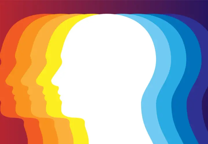 Sagome di profili umani in sequenza, dal rosso al blu, suggeriscono un'evoluzione o un cambiamento. I colori desaturati significato in questo contesto potrebbero rappresentare un percorso interiore.