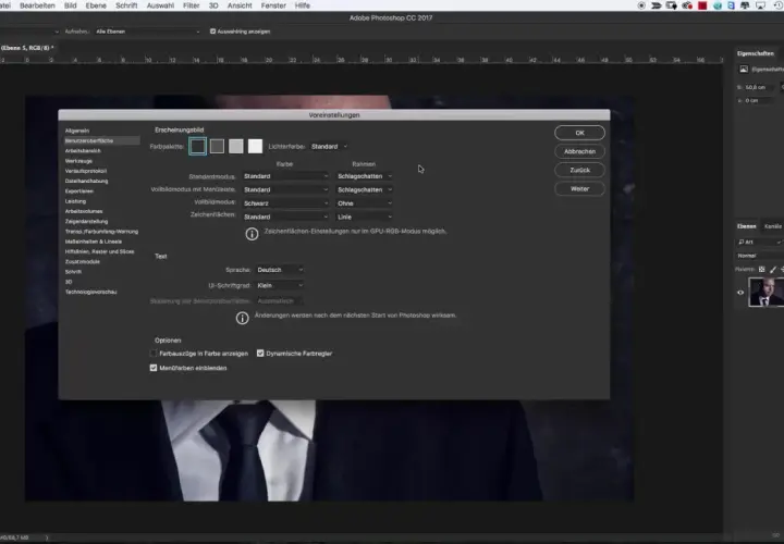 Immagine mostra le impostazioni di Photoshop per personalizzare l'aspetto, utile per chi vuole sapere come installare Photoshop e configurarlo.