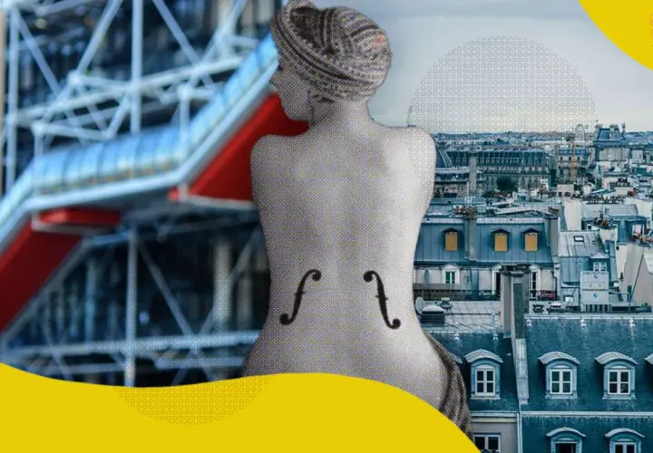 La schiena di una figura stilizzata, con le curve di un violino di Ingres, si staglia su uno sfondo parigino.