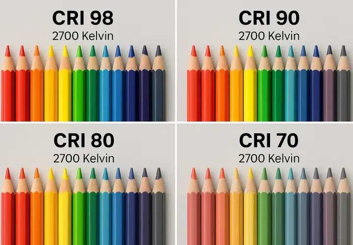 Confronto del colore luce led con matite colorate a 2700 Kelvin, mostrando come il CRI influenzi la resa cromatica.