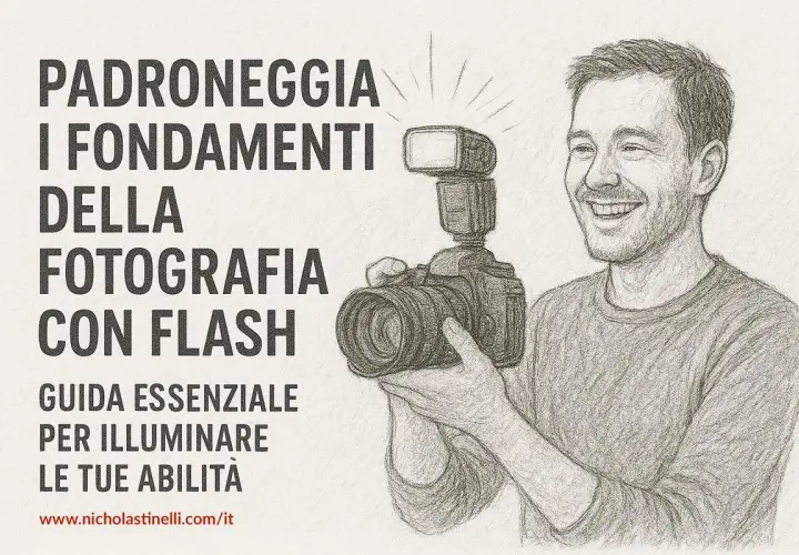 Guida essenziale per imparare come usare il flash in manuale. Un fotografo sorridente tiene una fotocamera con flash.