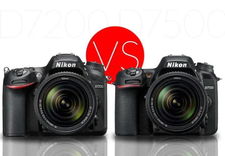 Due reflex Nikon D7200 e D7500 affiancate, con un grande cerchio rosso con "VS" al centro.