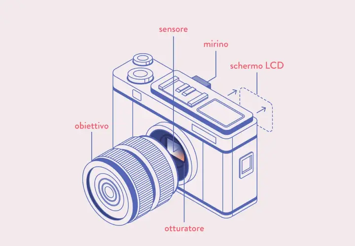 Schema struttura macchina fotografica: obiettivo, sensore, mirino, otturatore, schermo LCD.
