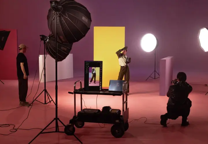 Nel set fotografico, una silhouette posa davanti a un pannello giallo. Luci e attrezzature creano un'atmosfera da studio.