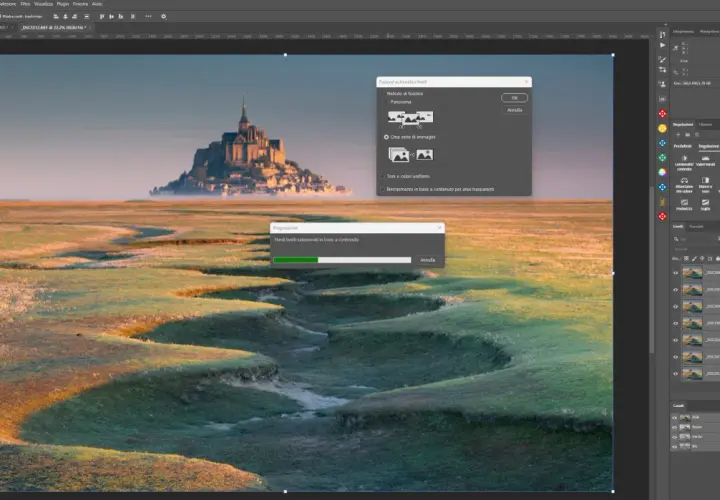 Software per focus stacking in azione: Photoshop fonde livelli per un'immagine nitida.