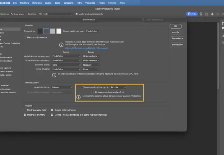 Preferenze di Photoshop: imposta la dimensione del font dell'interfaccia. Modificare testo già scritto è facile con queste opzioni.