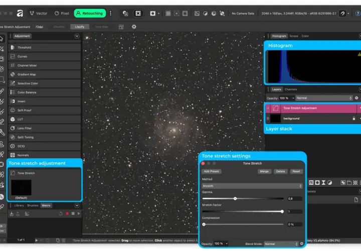 Interfaccia di Affinity Photo con strumento "Tone Stretch Adjustment" attivo, utile per una recensione dettagliata.
